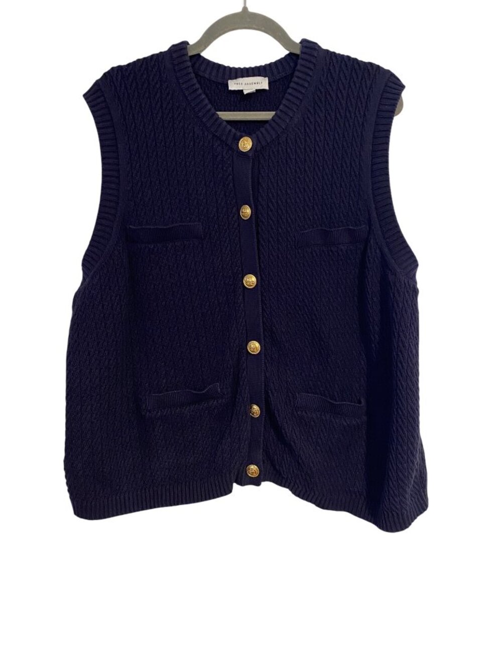 Free Assembly Women's 2X Navy Cable Knit Sweater Vest Gold Buttons Preppy Office